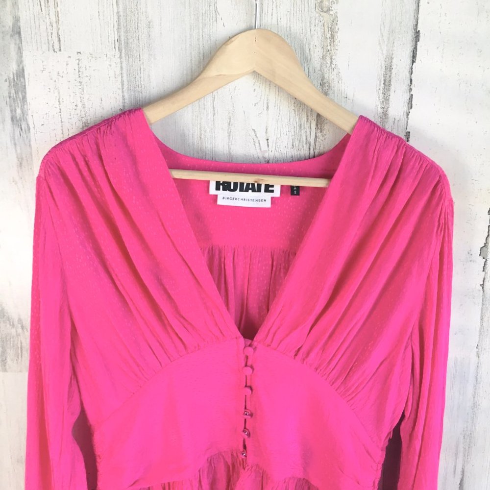 NWT $260 ROTATE Birger Christensen Tracy Peplum Top Hot Pink Textured Satin 10 M
